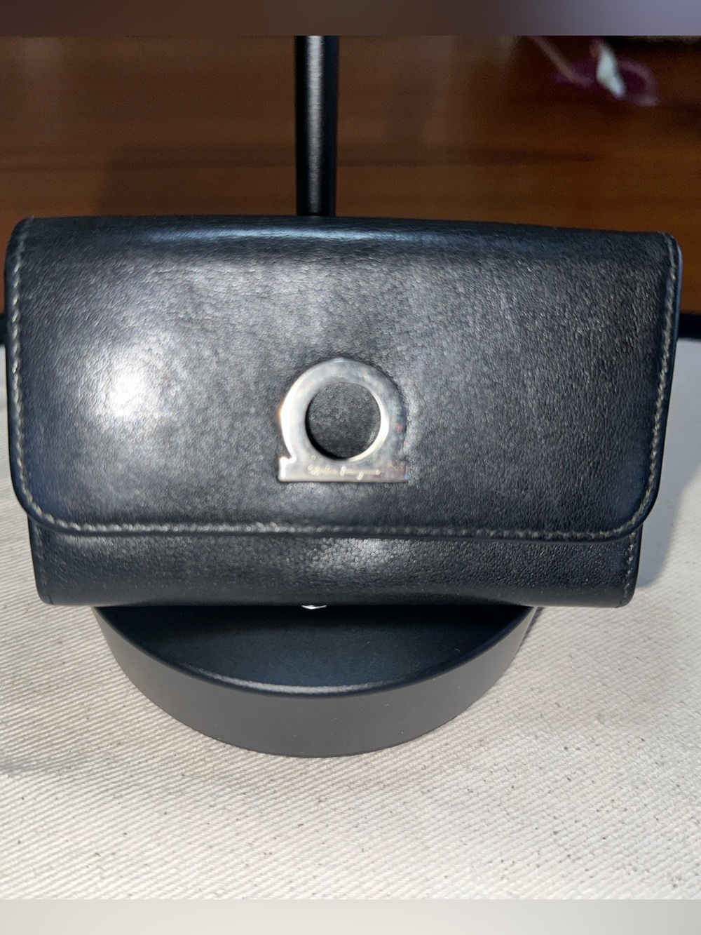 Salvatore Ferragamo Gancini Black Leather Coin Purse / Mini Wallet • Vintage